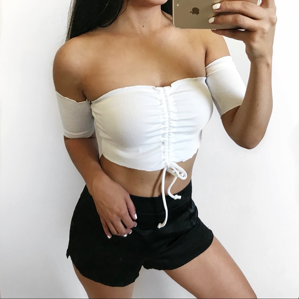 Jamie Drawstring Off-the-shoulder Crop (White)
